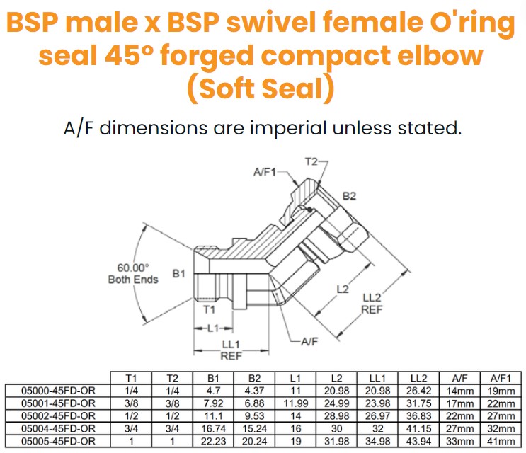 1/4 BSP M/F 45° Forged Elbow Soft Seat ORing on Fem Hydraulic Adaptor